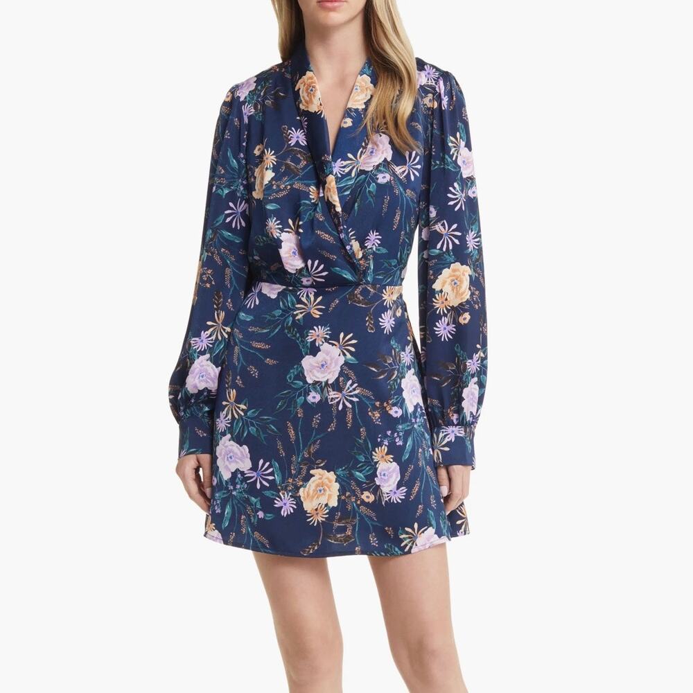 Lost + Wander Eva Navy Floral Long Sleeve Faux Wrap Mini Dress Medium